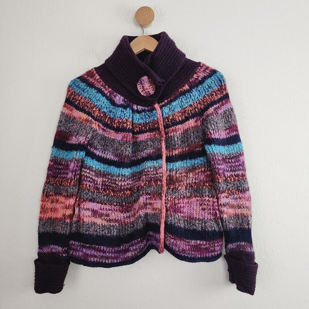 Leifsdottir Anthropologie Chunky Wool Knit Cardigan Sweater Purple Boho XS